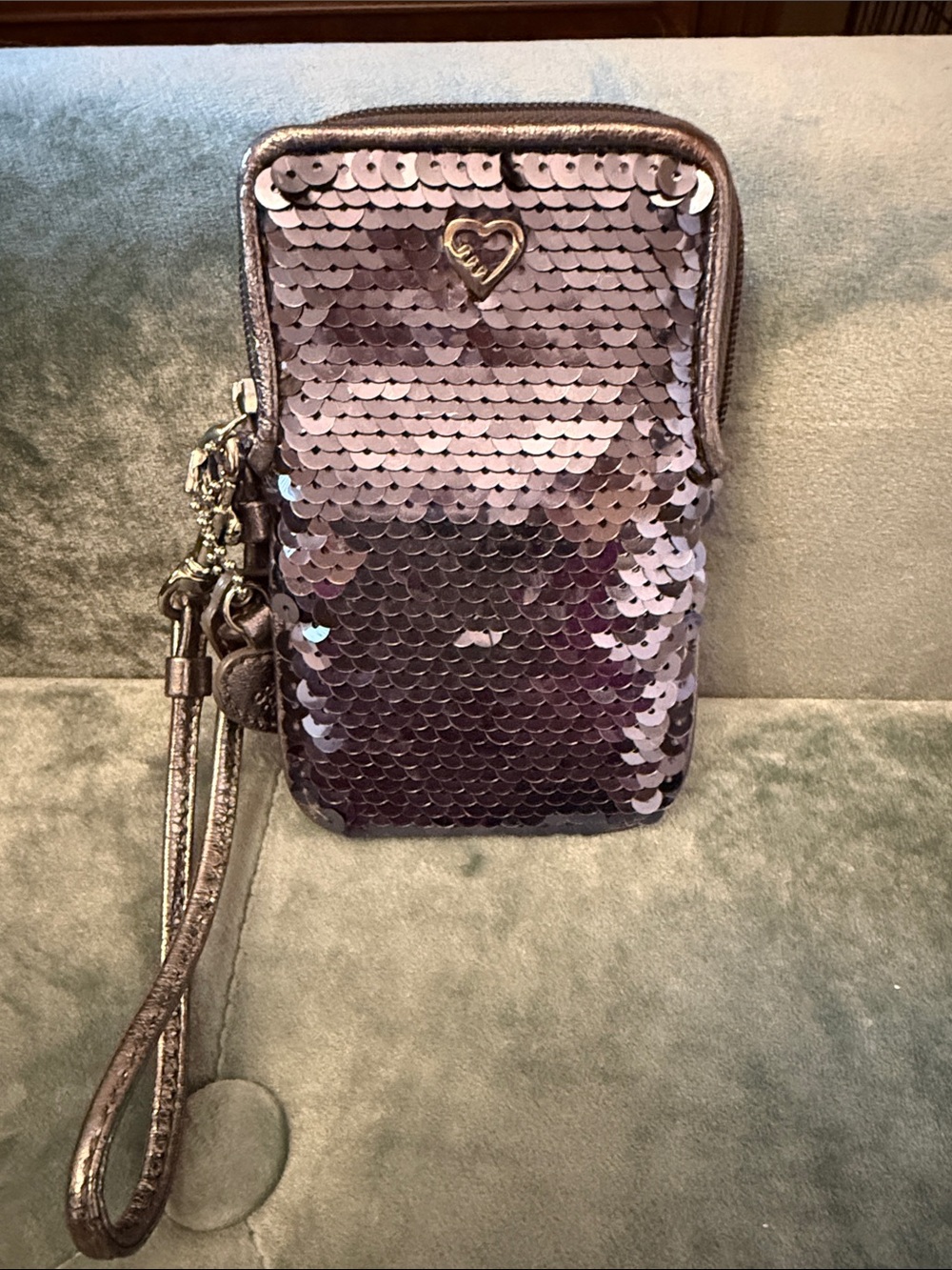 Sequin Wristlet Clutch in Purple with Heart Accent